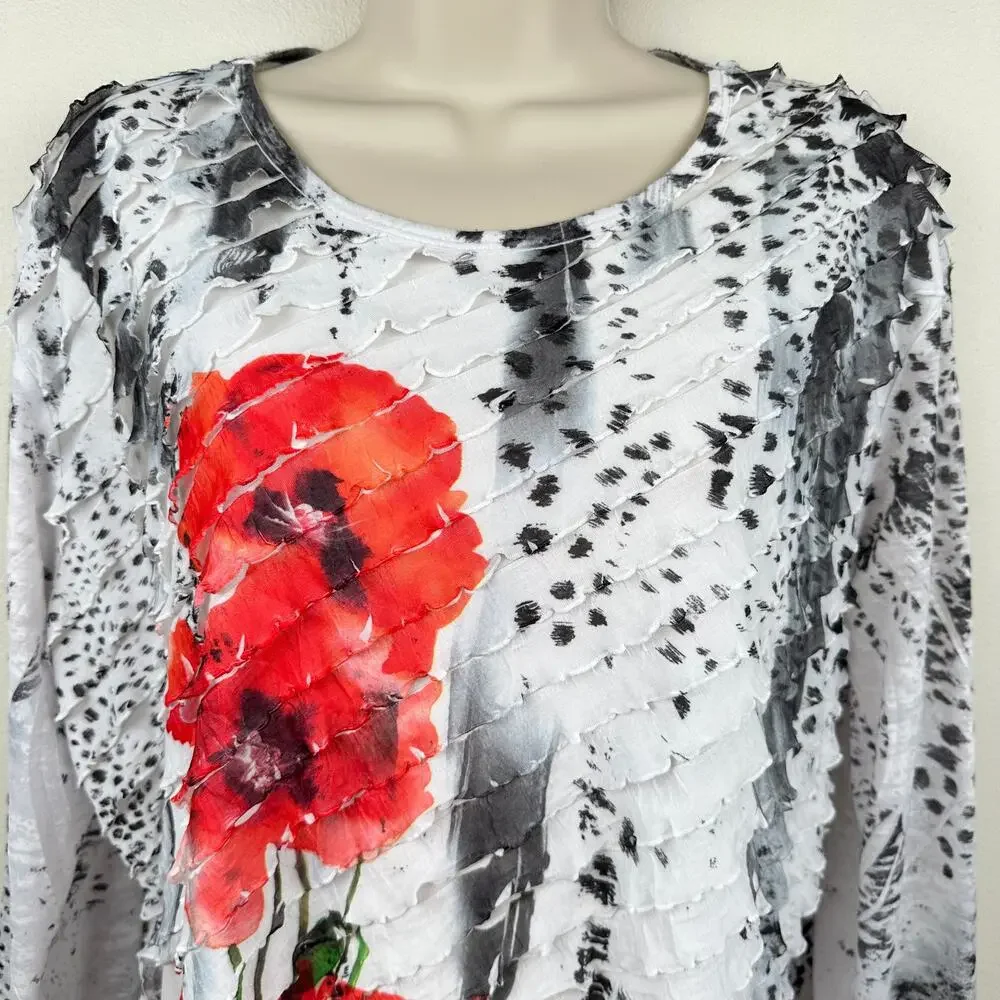 Jess & Jane Blouse Top Ruffle 3/4 Sleeve Abstract Floral Leopard White XL Artsy